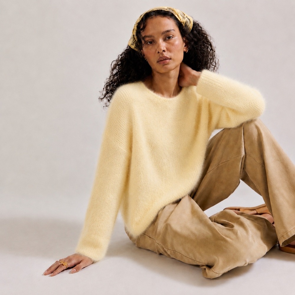 Belford Mohair Merino Wool Crewneck Sweater Women M Butter Yellow Classic Luxury
